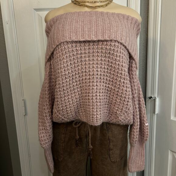Express Off-the-Shoulder Chunky Knit Sweater Blush Pink XS NWT cozycore - Picture 2 of 4